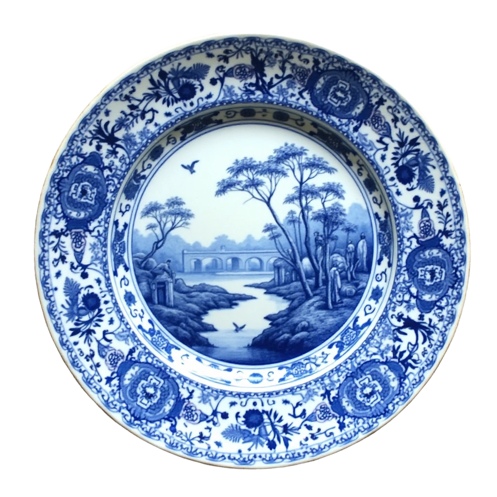 Blue and White Porcelain Plate with Landscape Scene